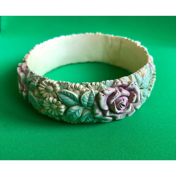 Carved Rose Vintage Cream Celluloid Bangle with Pink & Green Accents - Picture 1 of 4